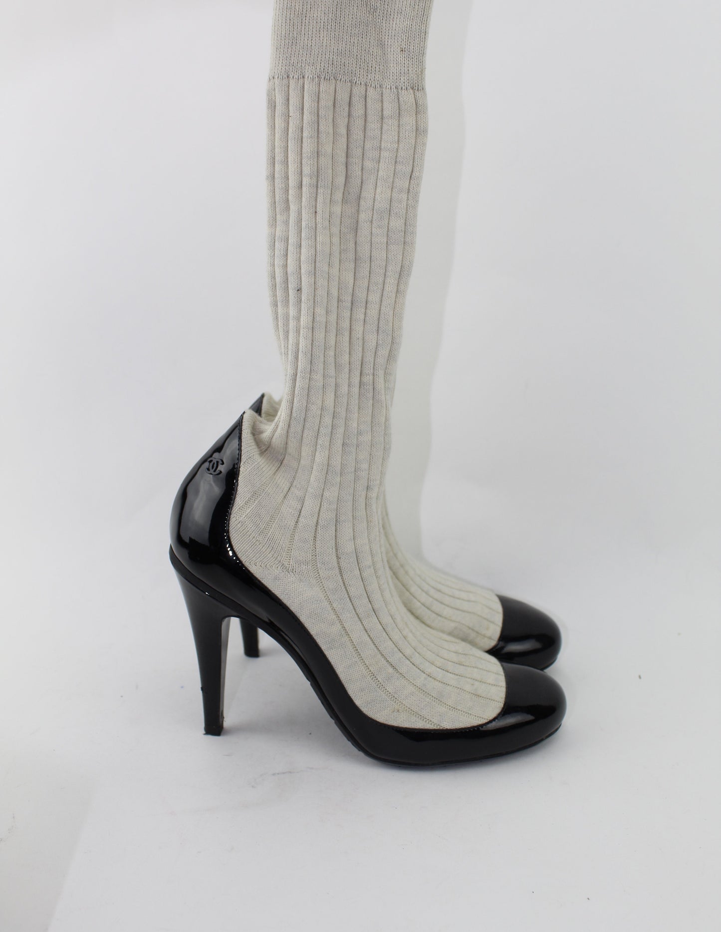 CHANEL BLACK PATENT LEATHER KNIT SOCK BOOTIES SIZE 37.5