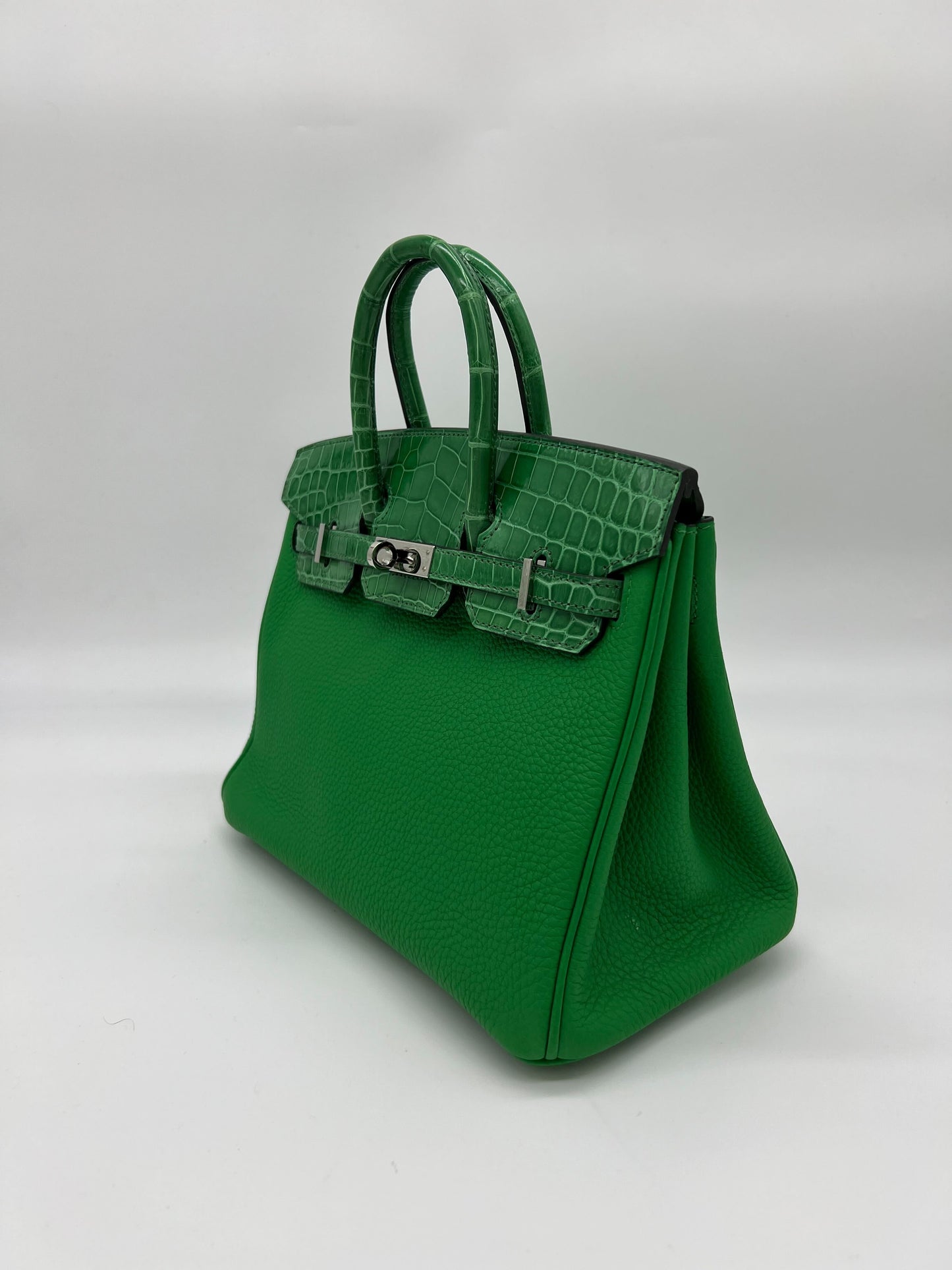 Luxury Hermes Birkin 25 Shiny Crocodile and Togo Vert Bambou Palladium Hardware