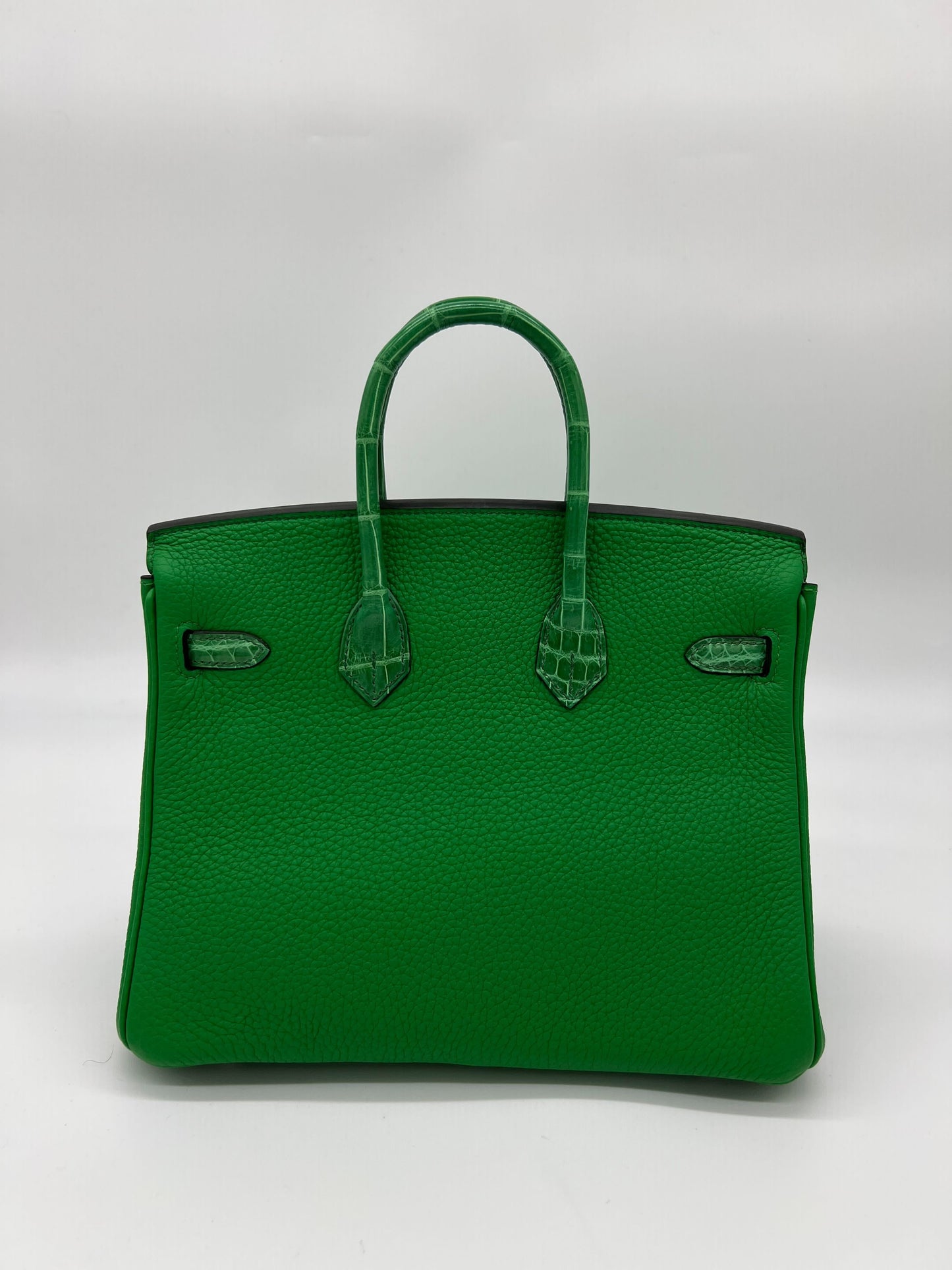 Luxury Hermes Birkin 25 Shiny Crocodile and Togo Vert Bambou Palladium Hardware