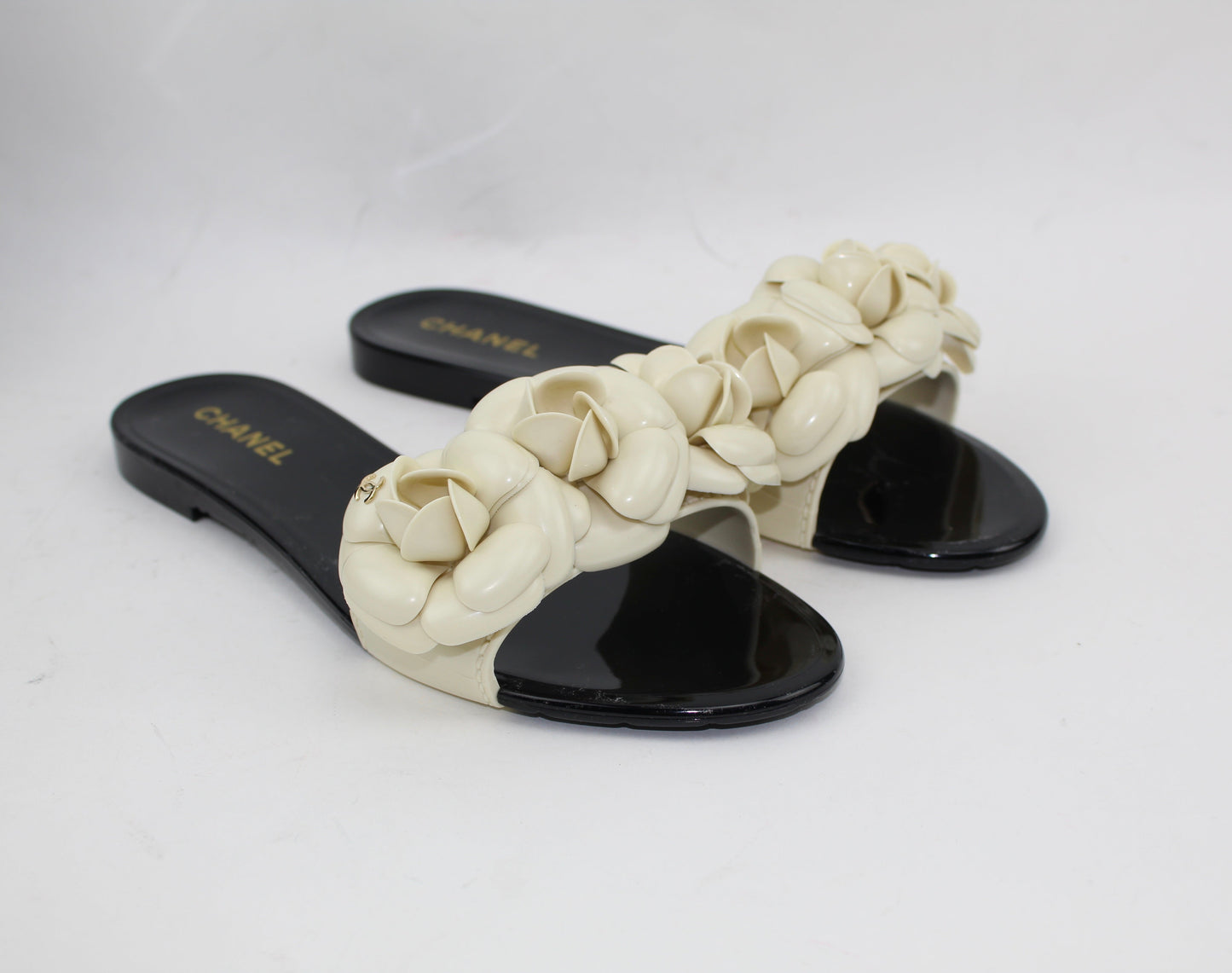 Chanel PVC Slides with Camellia Flowers
