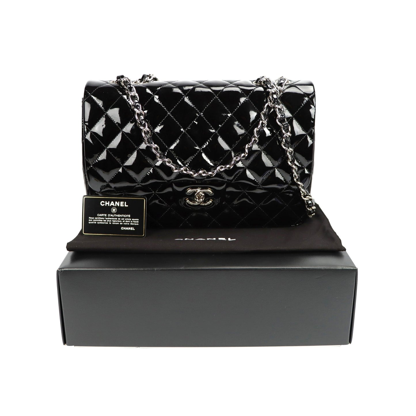 SALE Luxury Chanel Classic Single Flap Jumbo Black Patent Leather Silver