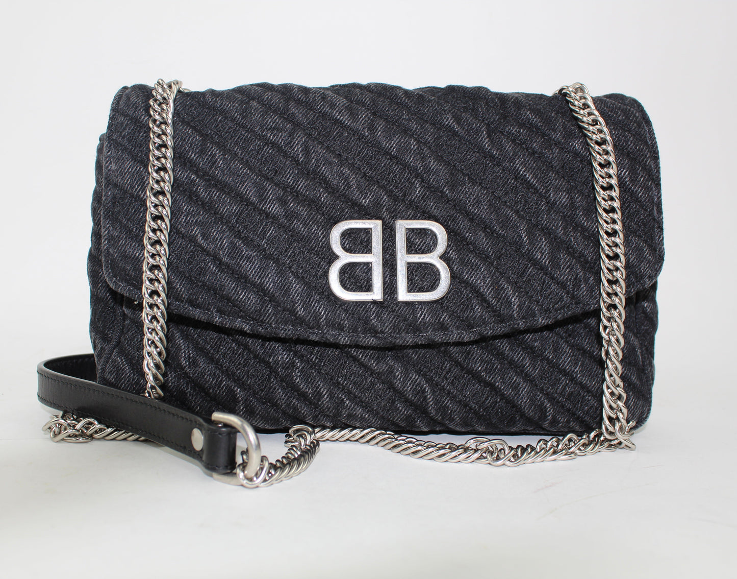 BALENCIAGA BB CHAIN DESTROYED DENIM CROSSBODY BAG