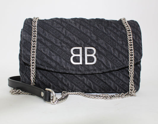 BALENCIAGA BB CHAIN DESTROYED DENIM CROSSBODY BAG