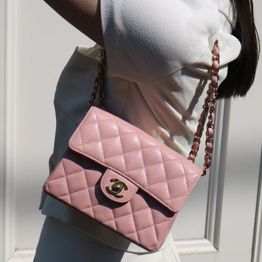 CHANEL★ 2003-2004 Classic Square Flap 17 Pink Caviar 73586