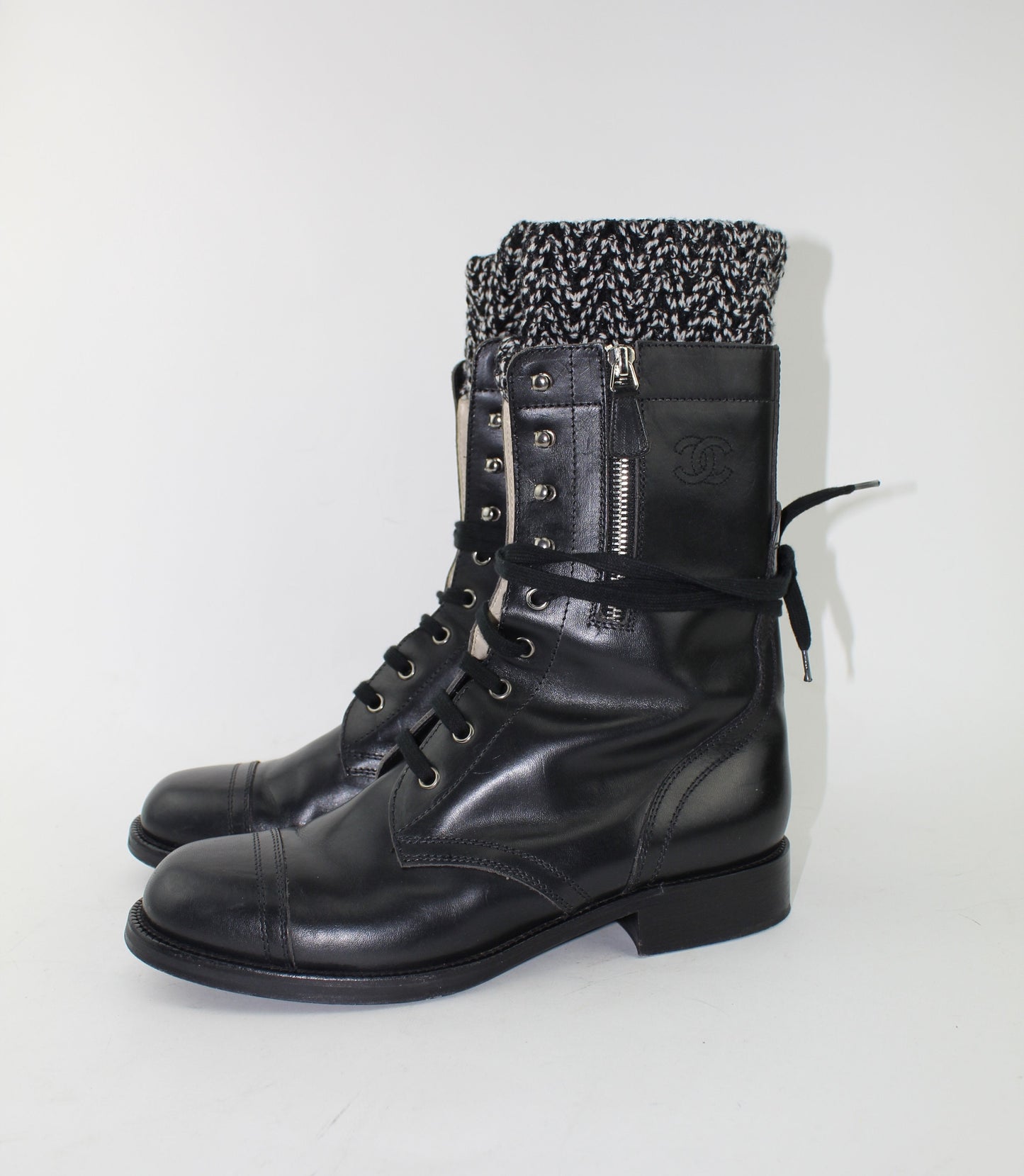 CHANEL CC SOCK COMBAT BOOTS