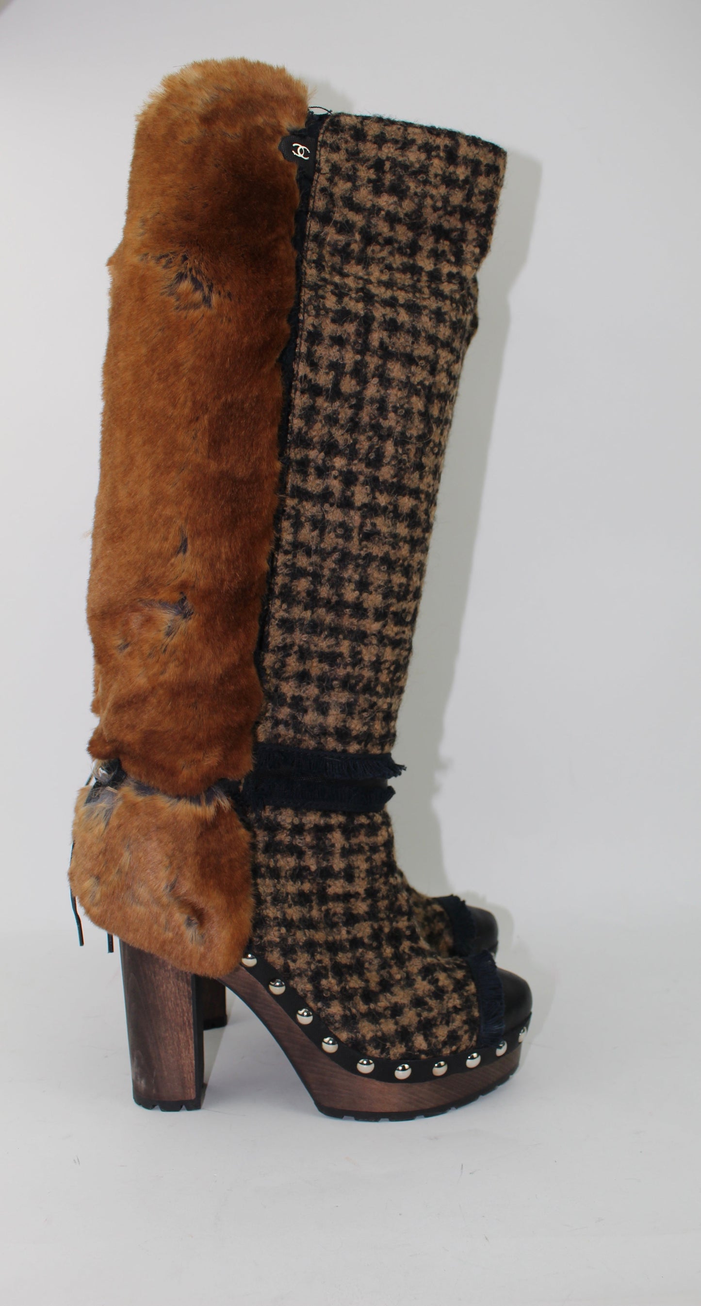CHANEL FANTASY RABBIT FUR TWEED  BOOTS