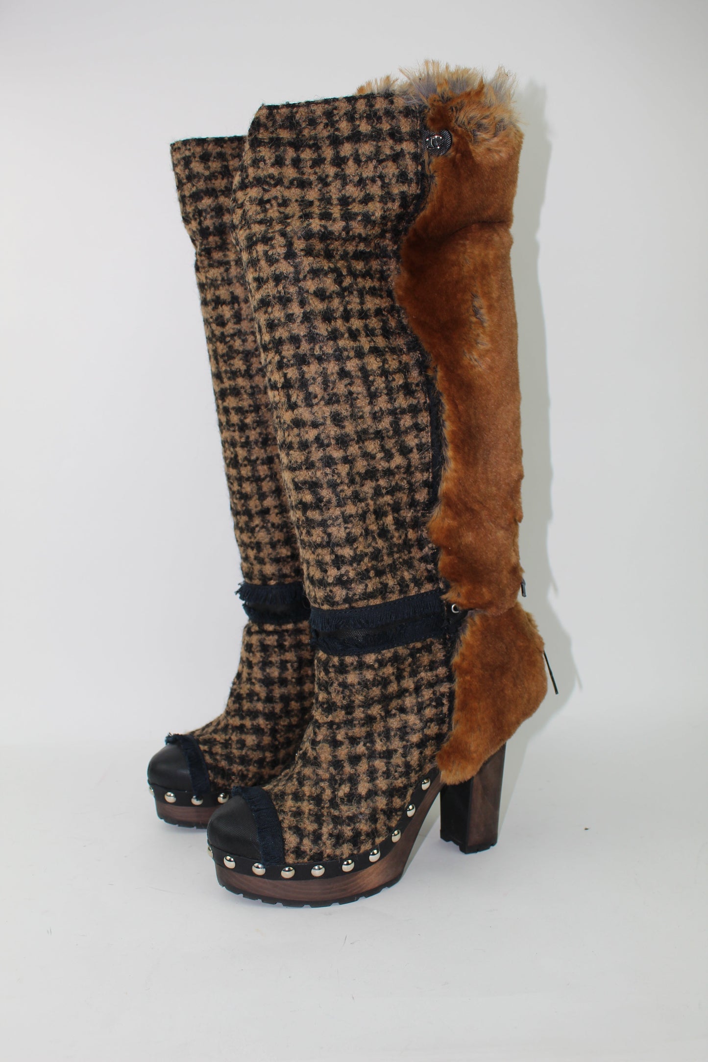 CHANEL FANTASY RABBIT FUR TWEED  BOOTS