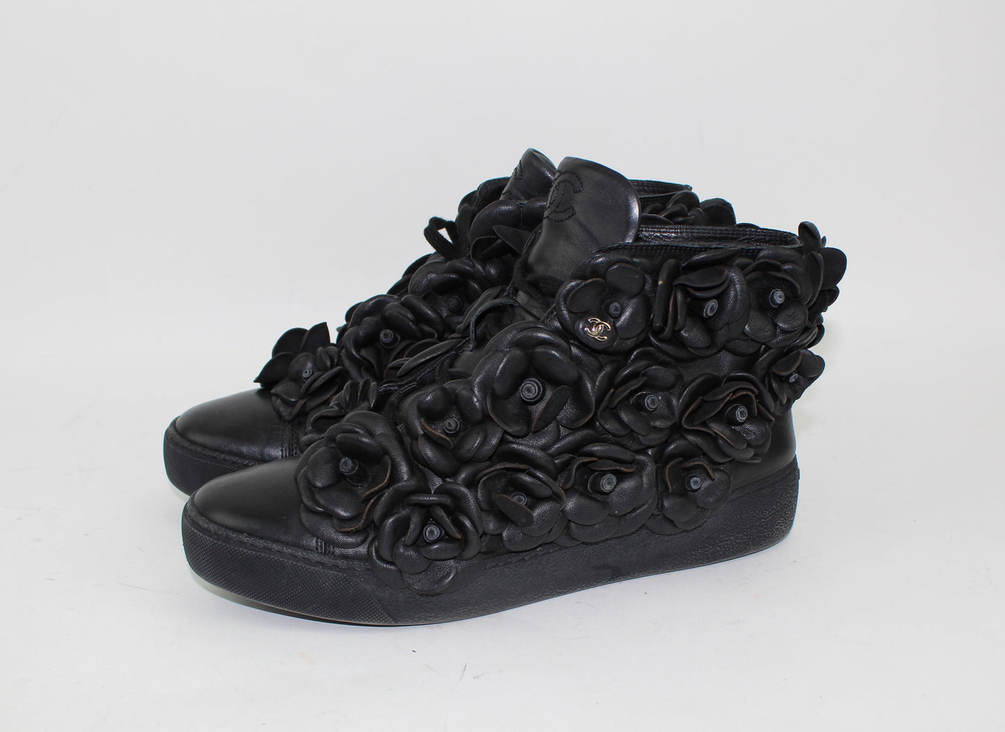 CHANEL CALFSKIN CAMELLIA HIGH TOP SNEAKERS