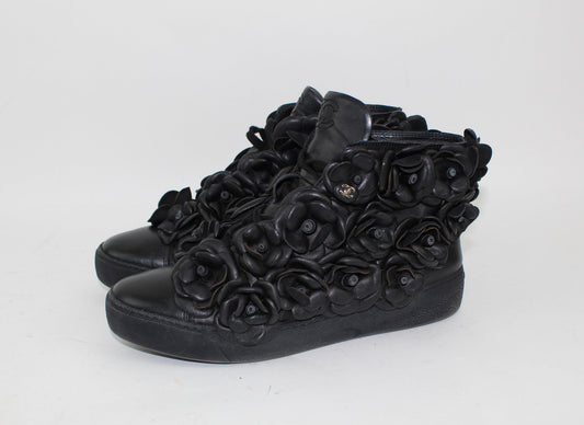 CHANEL CALFSKIN CAMELLIA HIGH TOP SNEAKERS