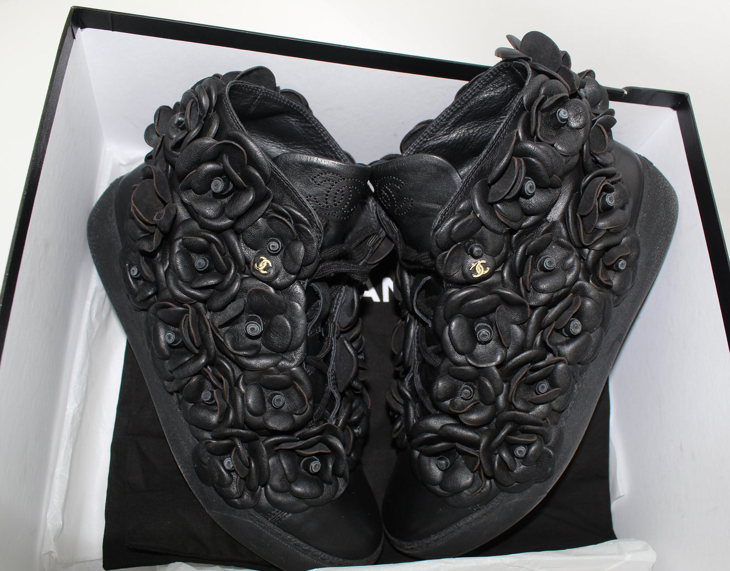 CHANEL CALFSKIN CAMELLIA HIGH TOP SNEAKERS
