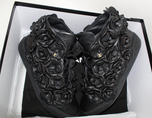 CHANEL CALFSKIN CAMELLIA HIGH TOP SNEAKERS