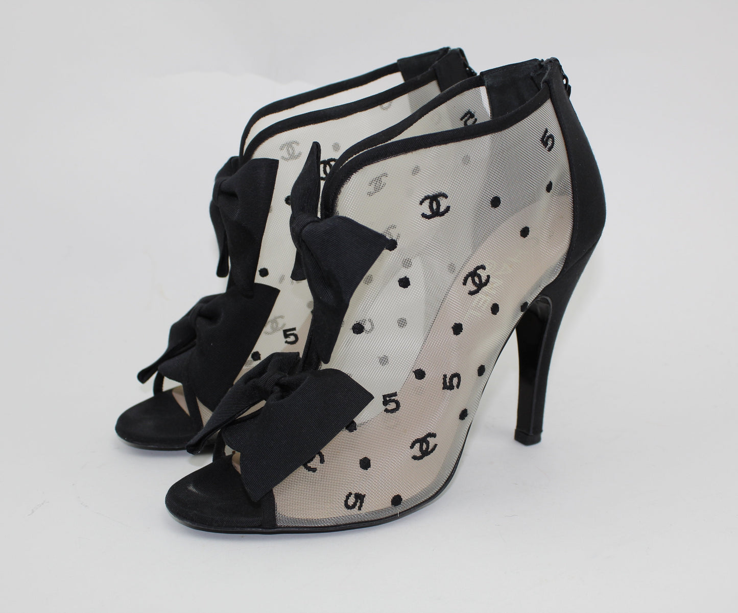 CHANEL BLACK 'CC' MESH OPEN TOE BOWTIE BOOTIES