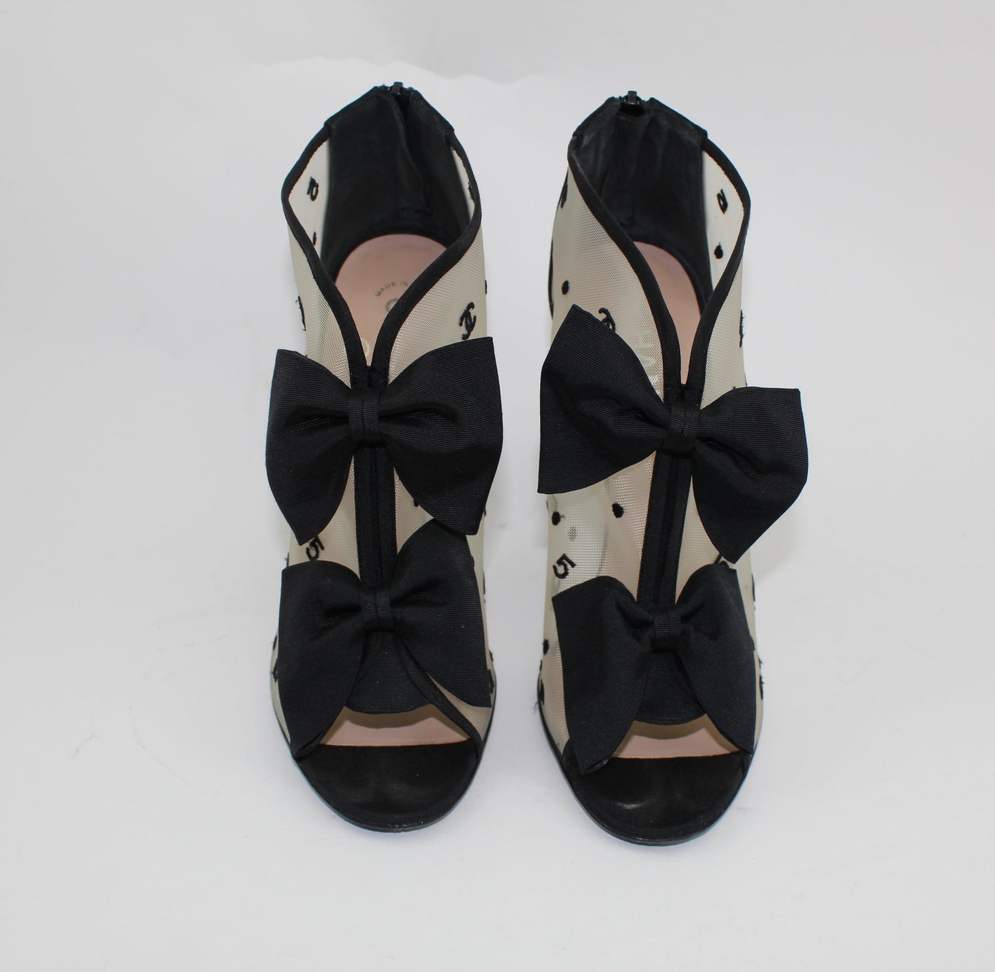 CHANEL BLACK 'CC' MESH OPEN TOE BOWTIE BOOTIES