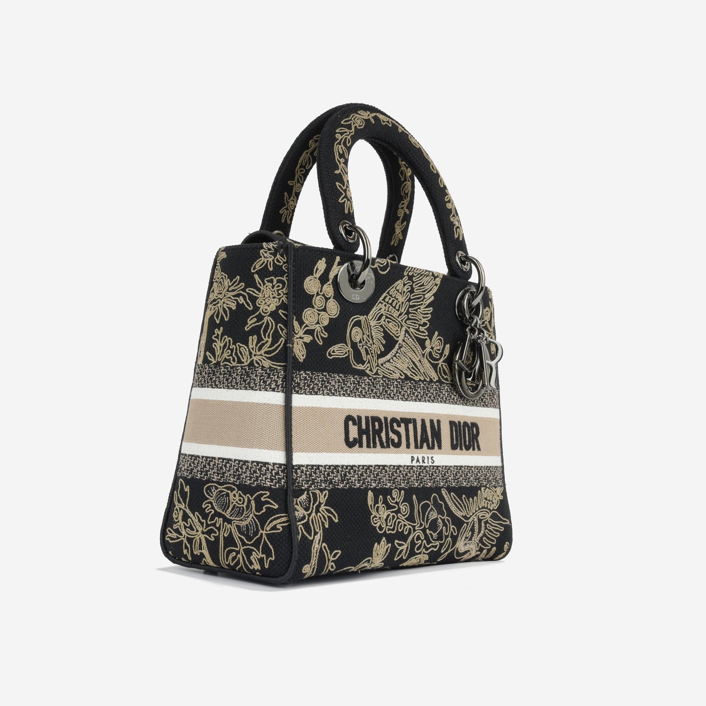 Luxury Dior Medium Lady D-Lite - Black Embroidered Toile