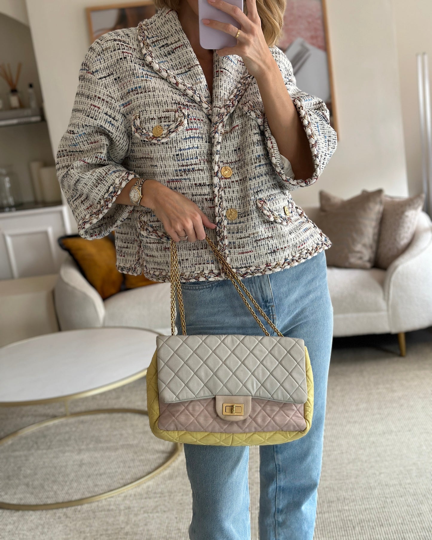 Chanel Large Jersey Reissue Pastel Yellow, Grey and Pink with Antique Gold Hardware