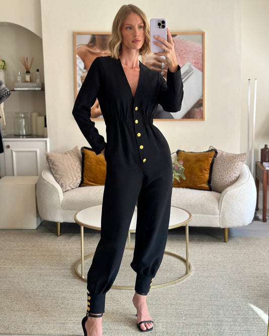 Luxury Gucci Trending 2025 Black Long-Sleeve V-Neck Jumpsuit with Gold Button Detail Size IT 38