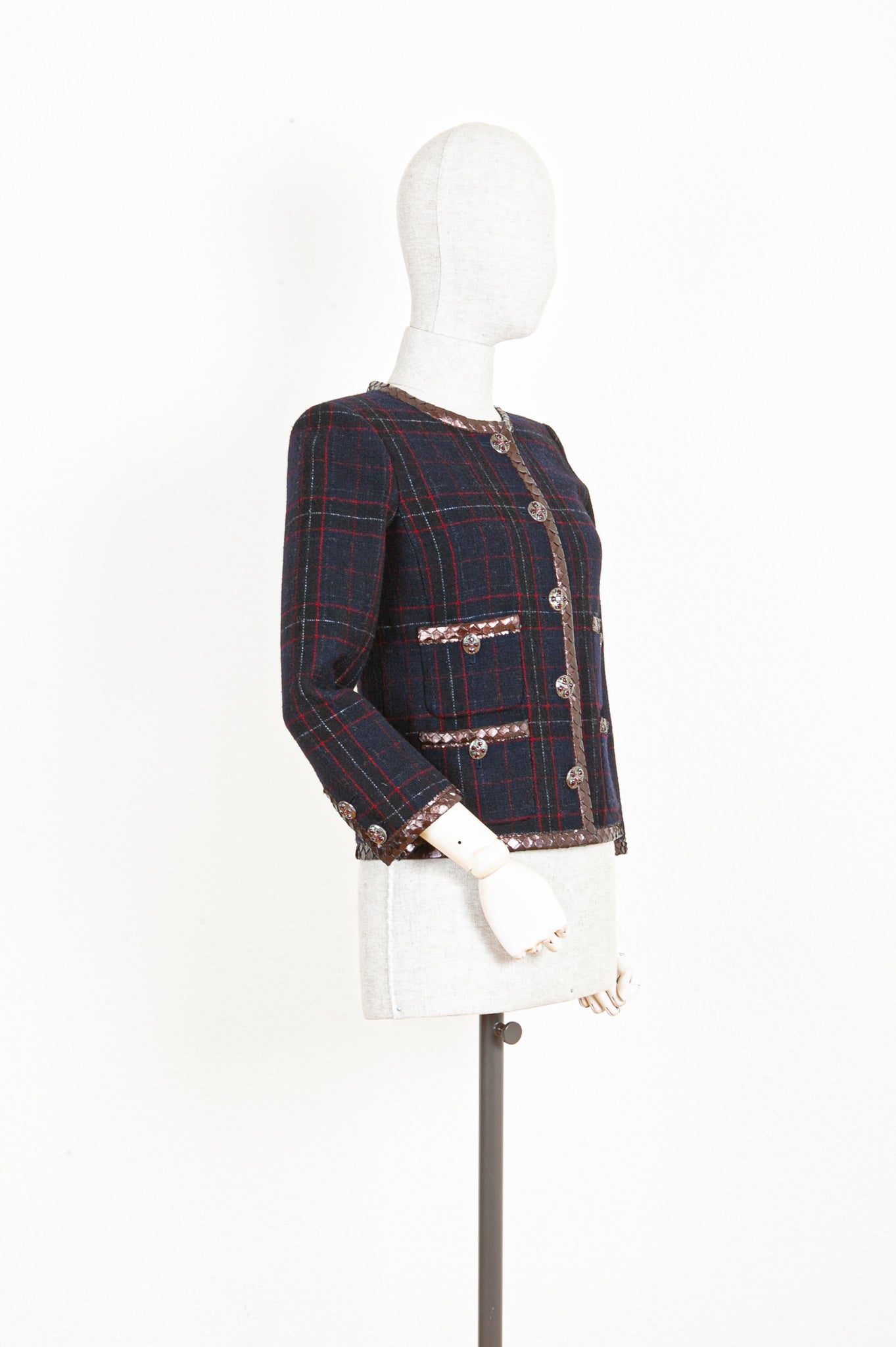 CHANEL Jacket Tartan Navy with Python Applicaton