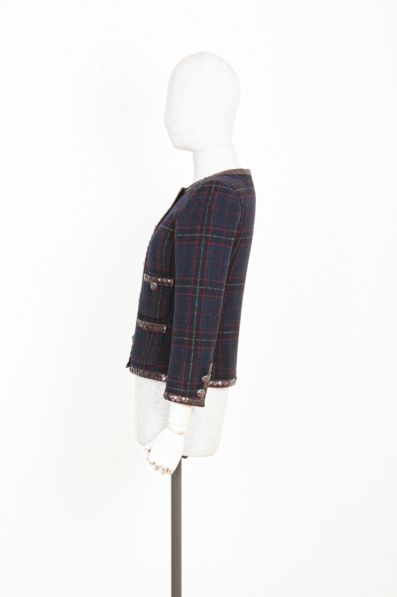 CHANEL Jacket Tartan Navy with Python Applicaton
