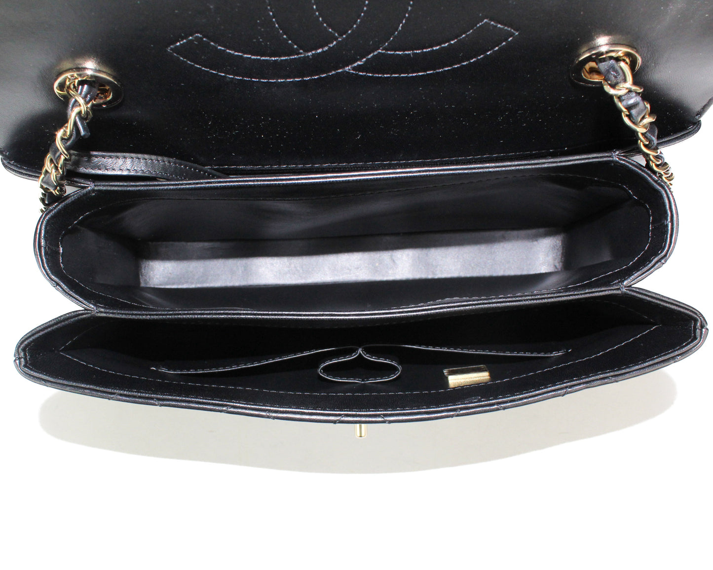Chanel Flap Bag with Top Handle in Black Lambskin and Gold Toned Hardware
