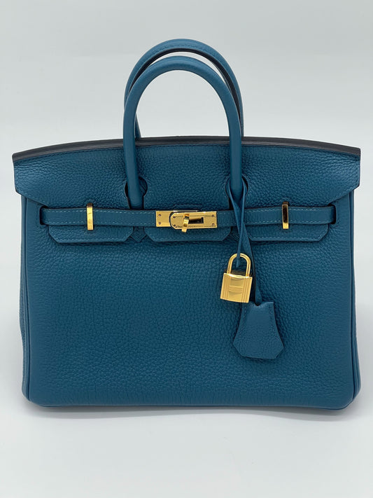 Luxury Hermes Birkin 25 Bleu Jean Togo Gold Hardware