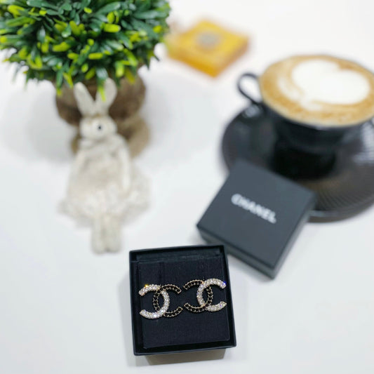 No.001620-2-Chanel Metal Black & Crystal Coco Mark Earrings  (Brand New / 全新貨品)
