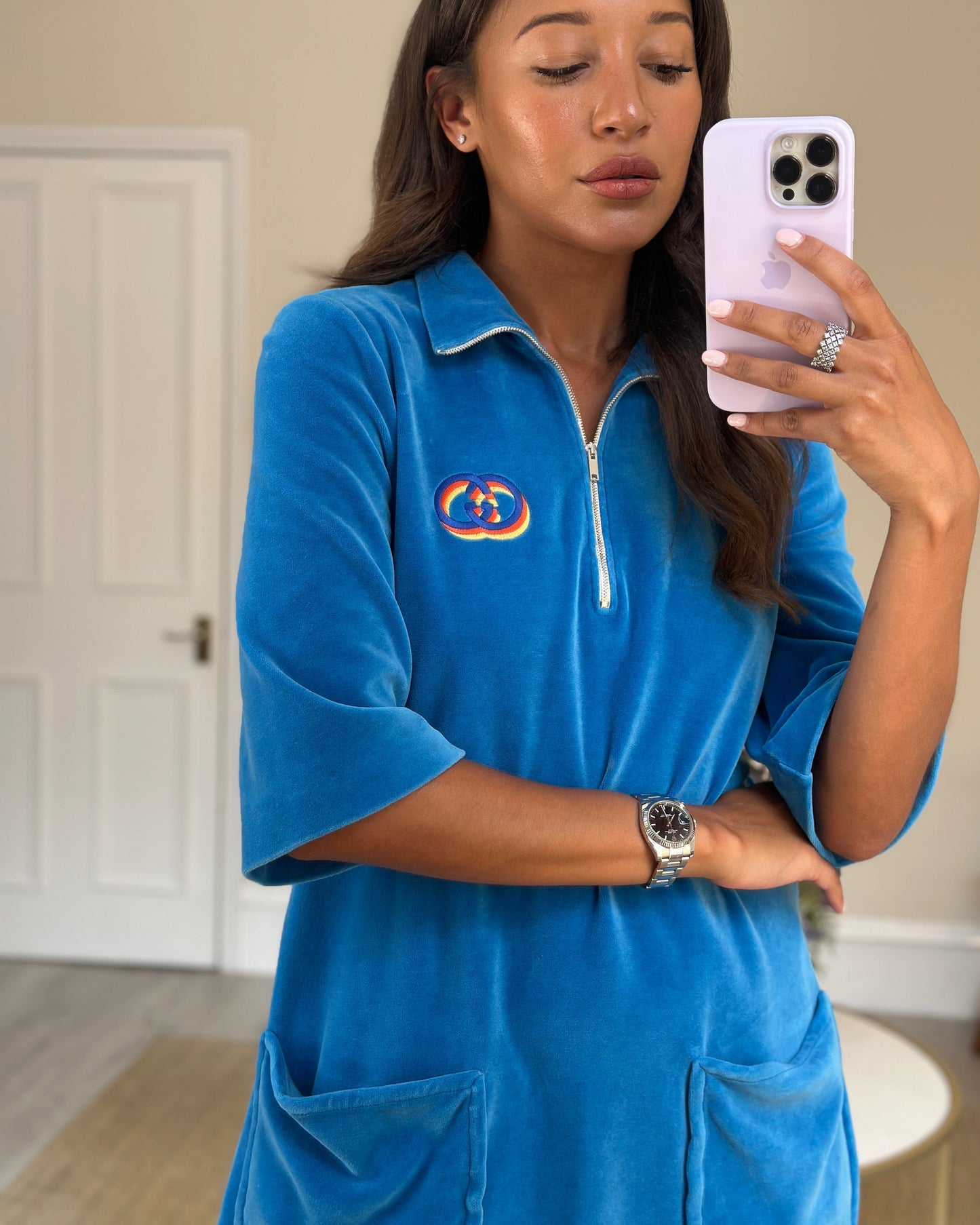 Luxury Gucci Trending 2025 Blue Velour Quarter Zip Mini Dress with Pocket Detail Size XS