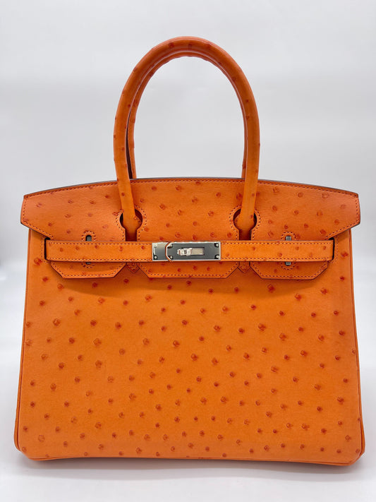 Luxury Hermes Birkin 30 Ostrich 5K Tangerine Palladium Hardware