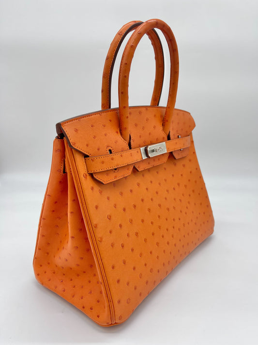 Luxury Hermes Birkin 30 Ostrich 5K Tangerine Palladium Hardware