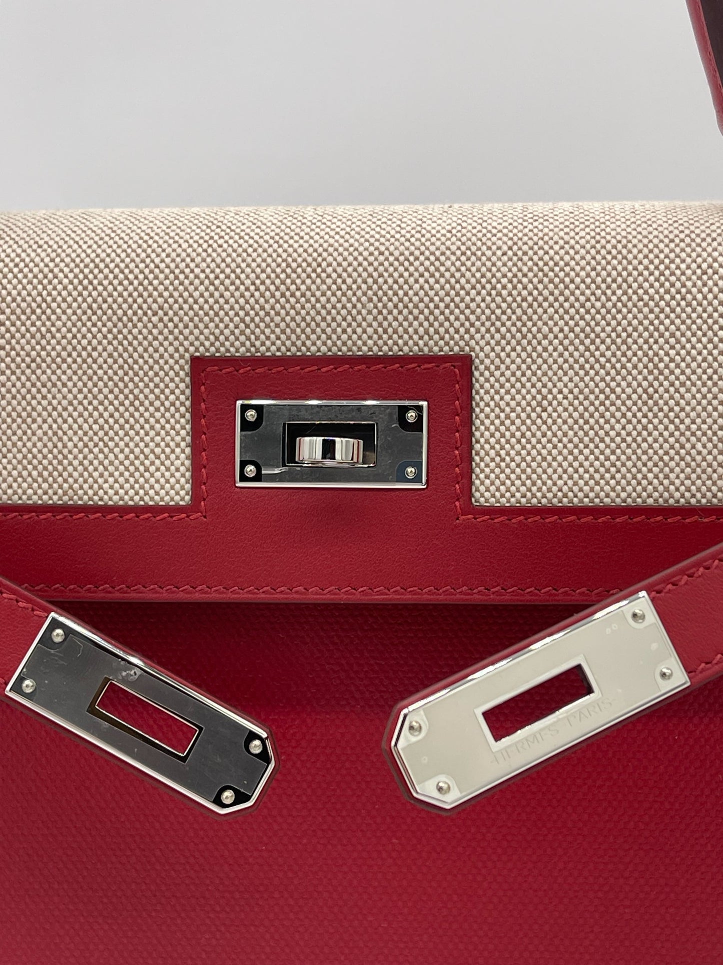 Luxury Hermes Kelly 32 Sellier Rouge Piment Swift and Toile Berline Palladium Hardware