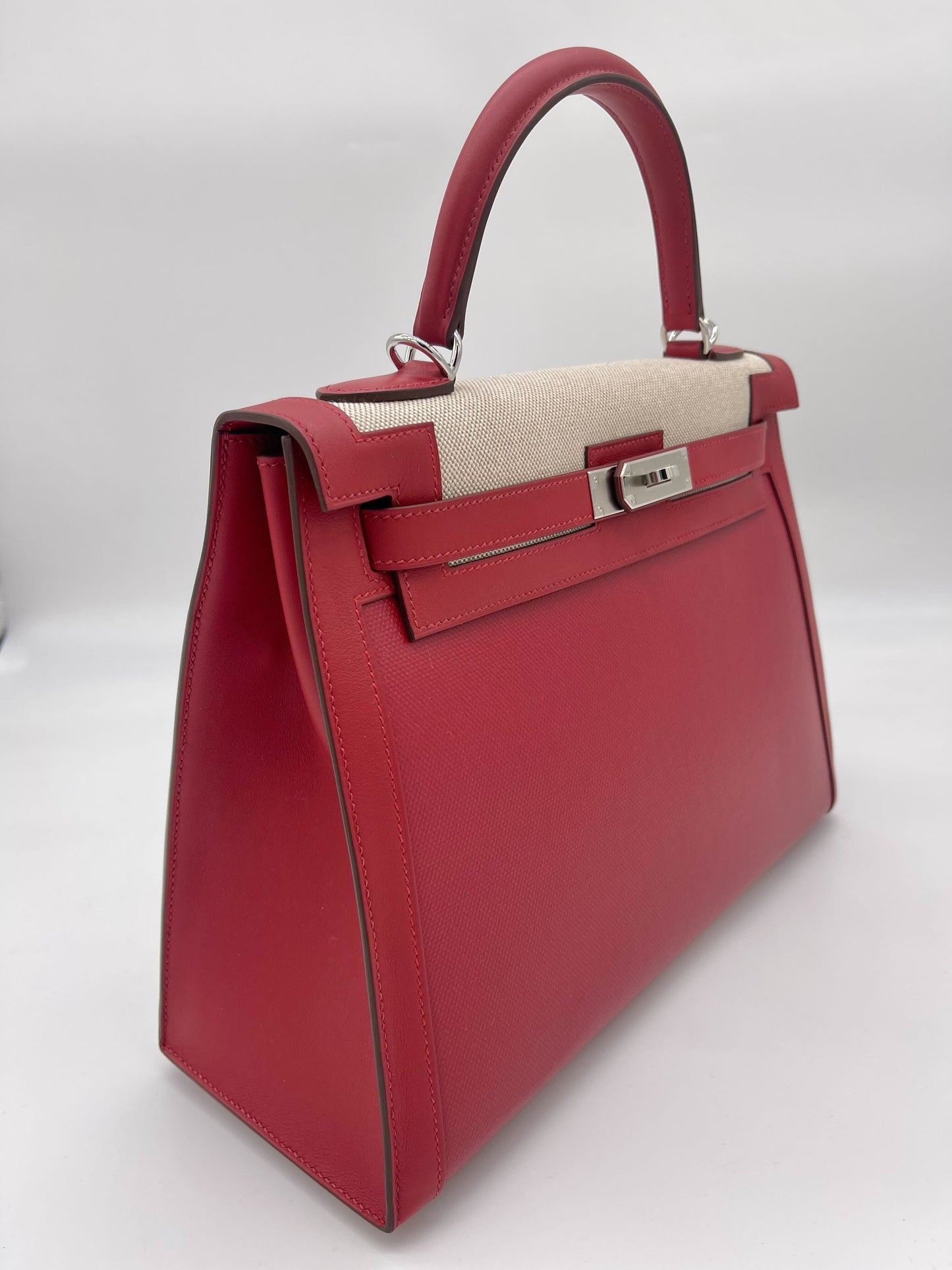 Luxury Hermes Kelly 32 Sellier Rouge Piment Swift and Toile Berline Palladium Hardware