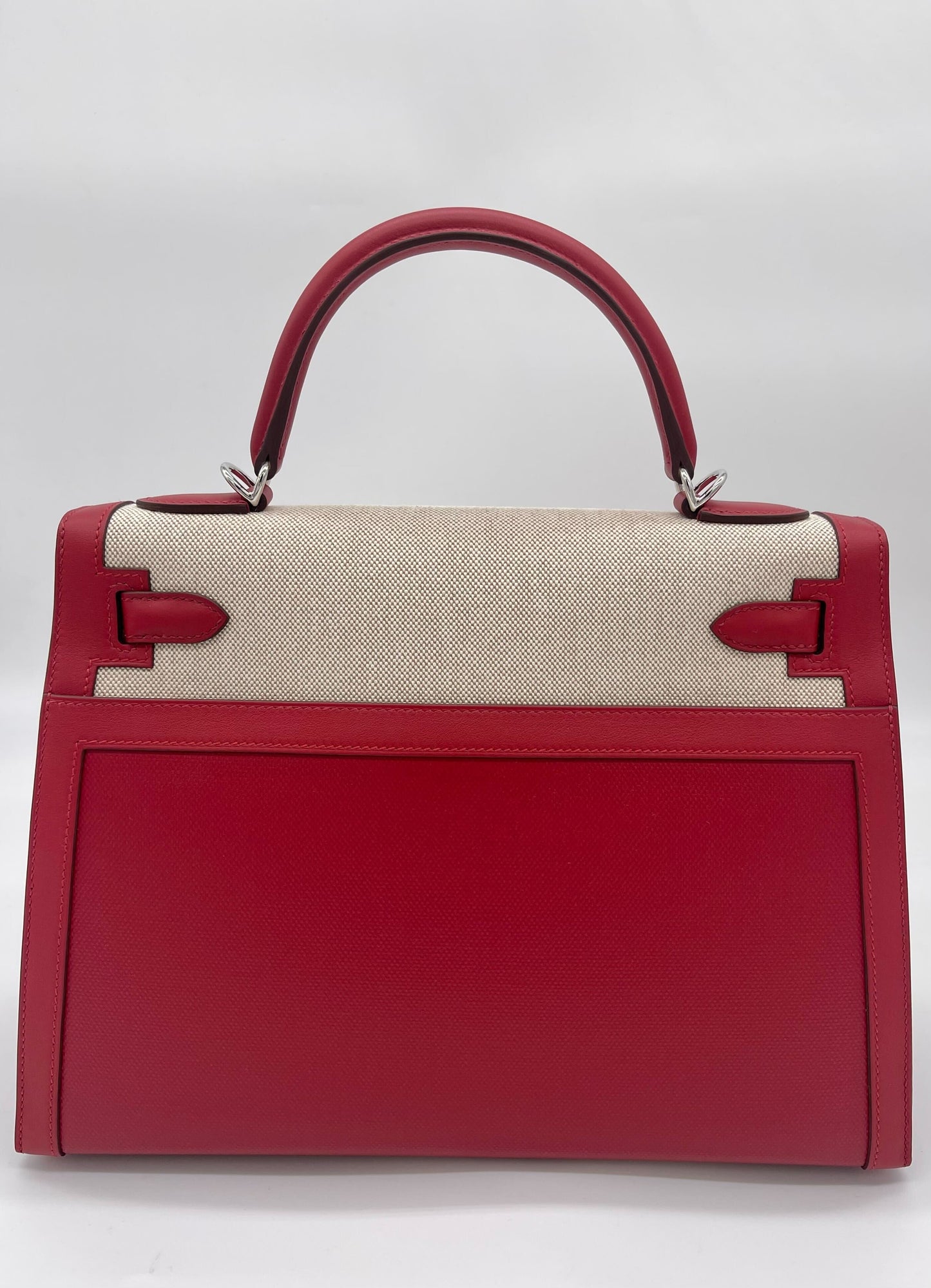 Luxury Hermes Kelly 32 Sellier Rouge Piment Swift and Toile Berline Palladium Hardware