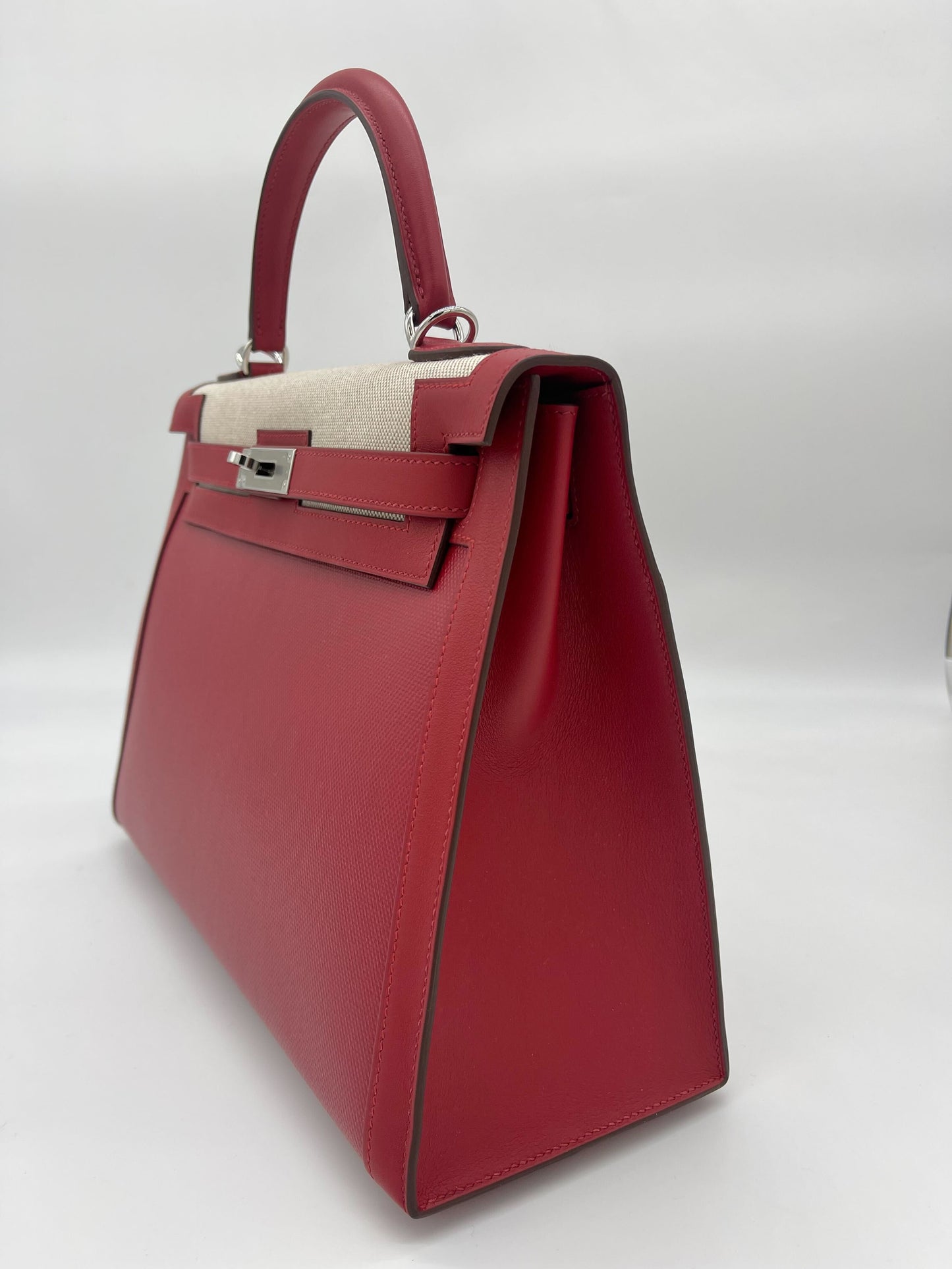 Luxury Hermes Kelly 32 Sellier Rouge Piment Swift and Toile Berline Palladium Hardware