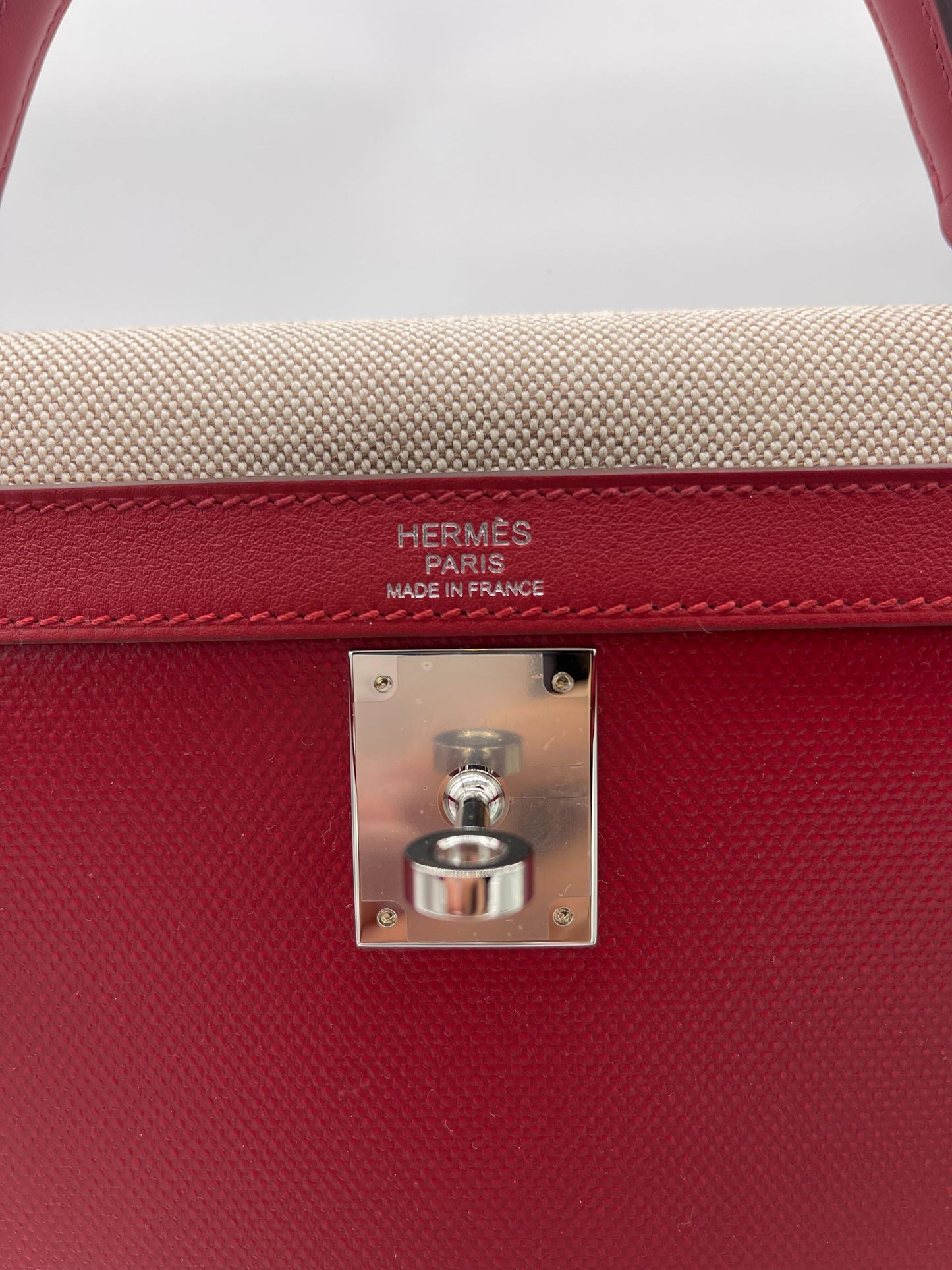 Luxury Hermes Kelly 32 Sellier Rouge Piment Swift and Toile Berline Palladium Hardware