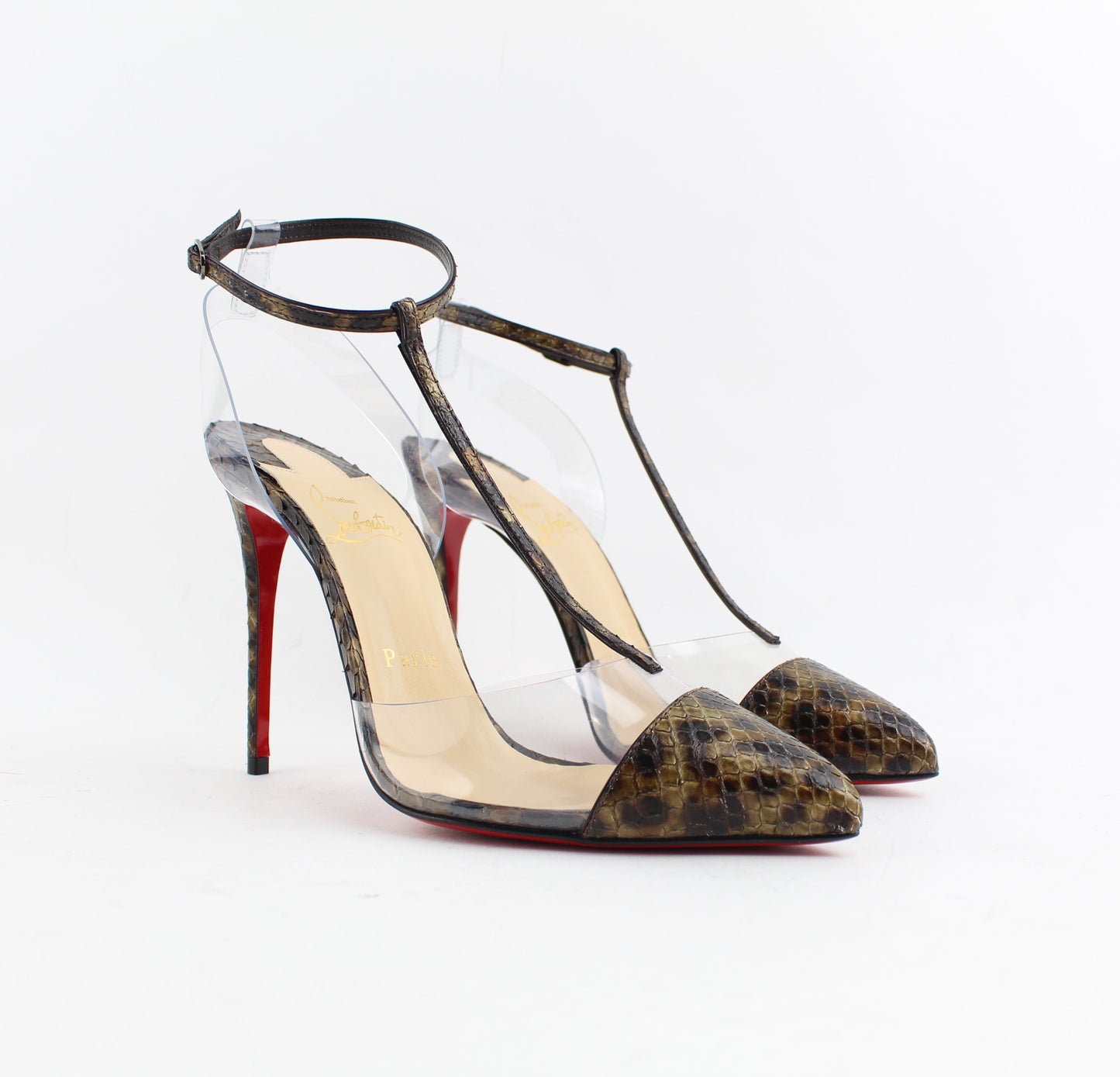 CHRISTIAN LOUBOUTIN NOSY 100 PYTHON LEO/PVC SIZE 37.5