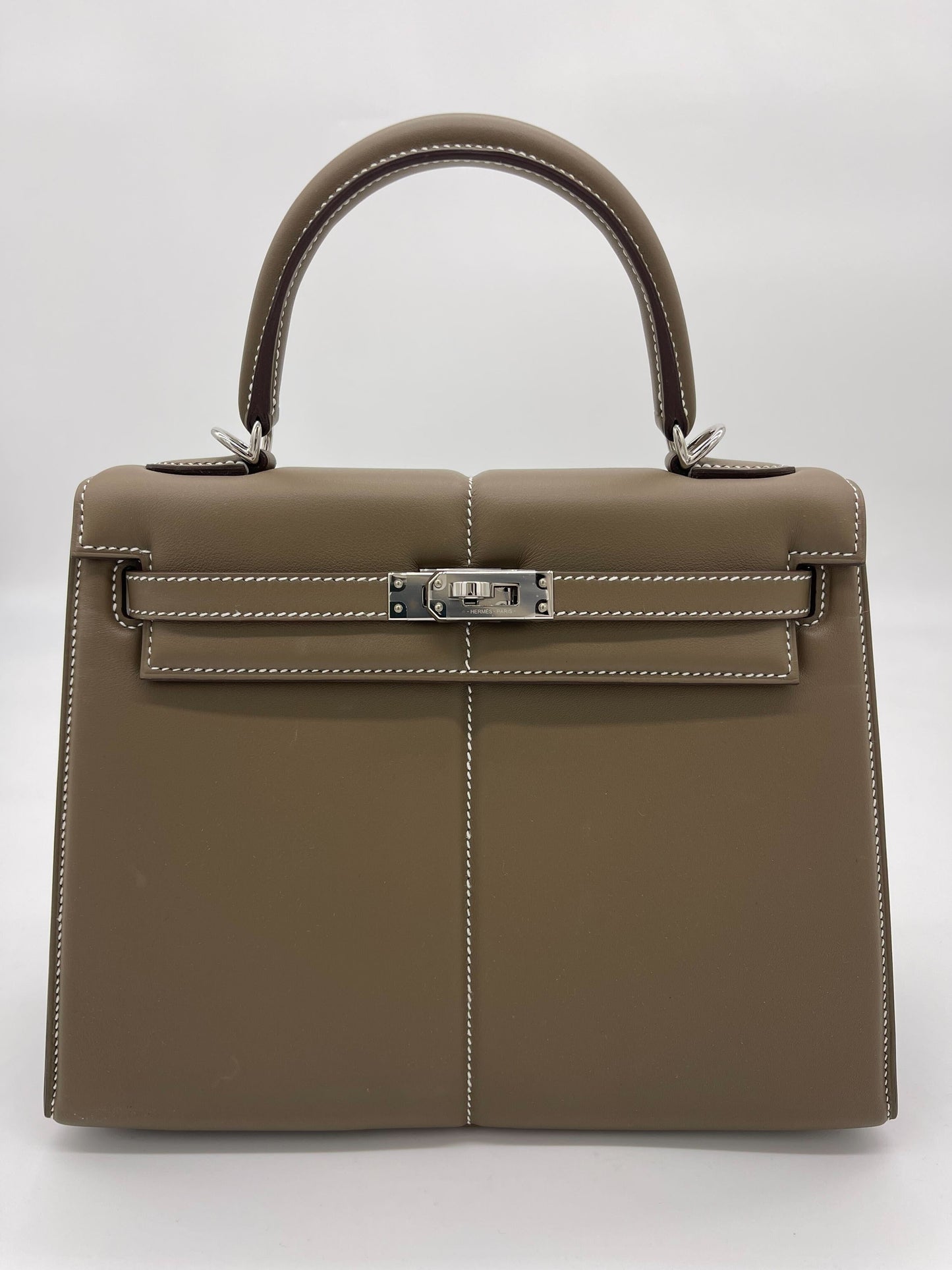 Luxury Hermes Kelly 25 Etoupe Swift Padded Palladium Hardware