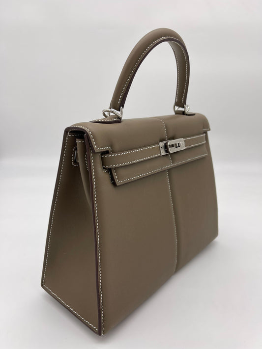 Luxury Hermes Kelly 25 Etoupe Swift Padded Palladium Hardware