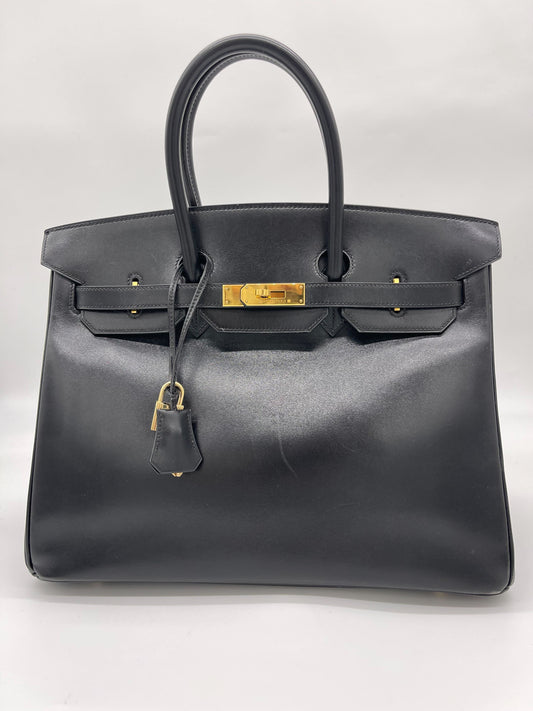 Luxury Hermes Birkin 35 Noir Box Leather Gold Hardware