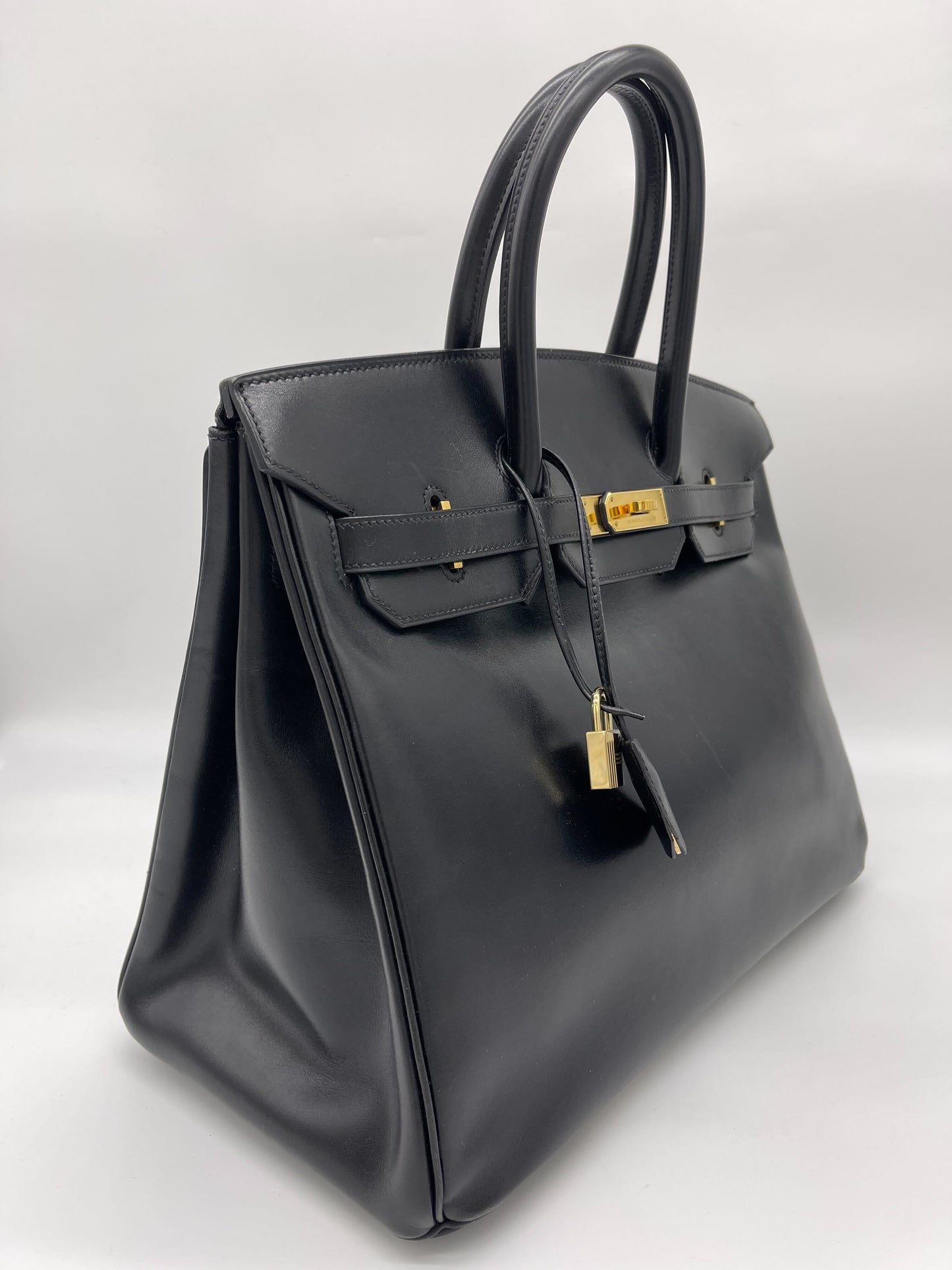 Luxury Hermes Birkin 35 Noir Box Leather Gold Hardware
