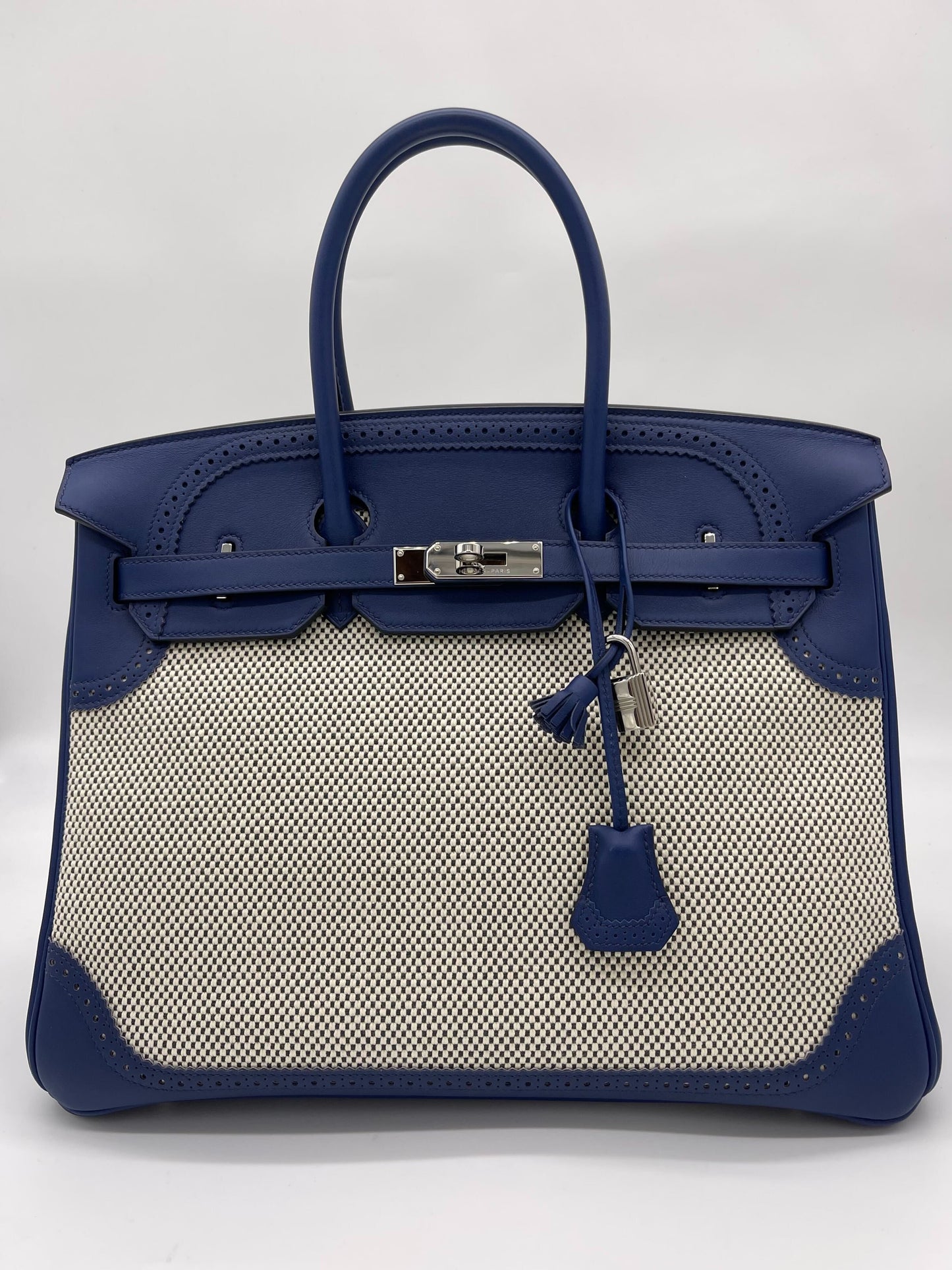 Luxury Hermes Birkin 35 Canvas Bleu de Prusse Palladium Hardware
