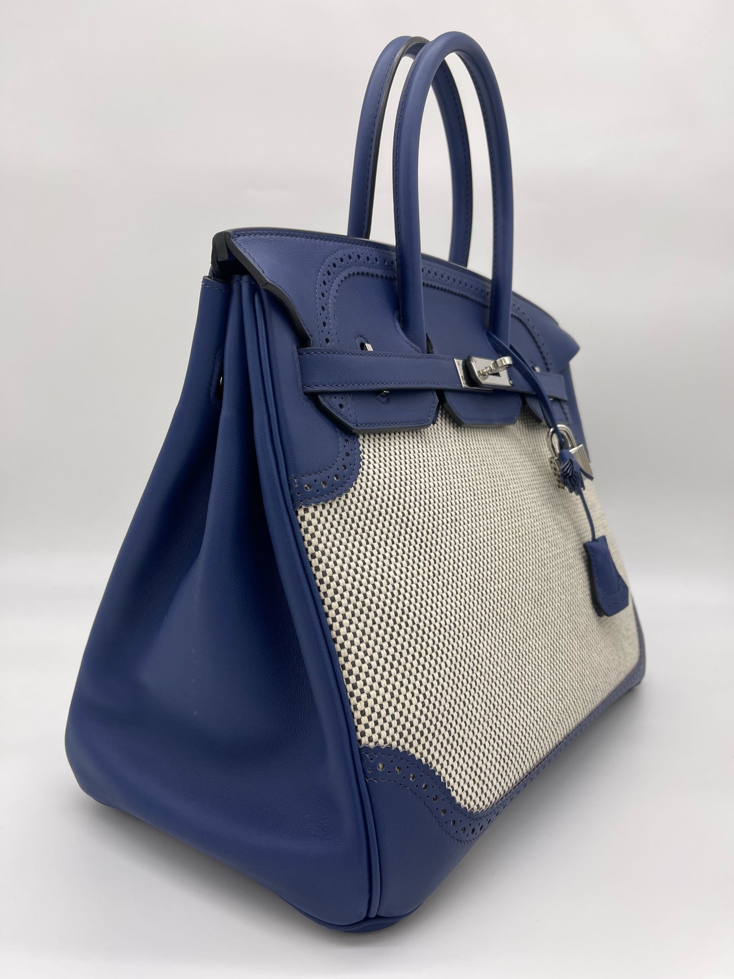 Luxury Hermes Birkin 35 Canvas Bleu de Prusse Palladium Hardware