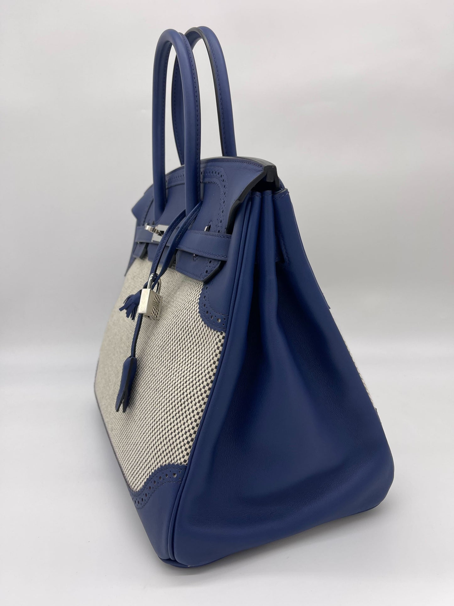 Luxury Hermes Birkin 35 Canvas Bleu de Prusse Palladium Hardware