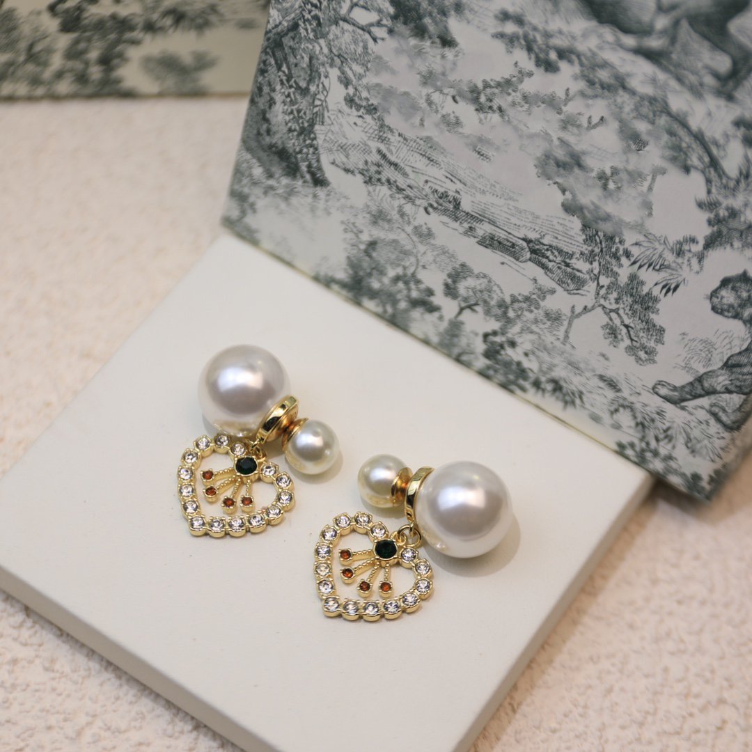 Luxury DiorD-PEARL HEART GOLD DIAMOND EARRINGS
