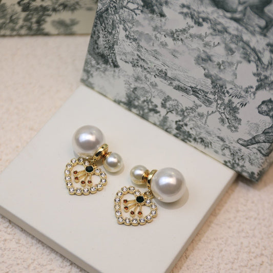 Luxury DiorD-PEARL HEART GOLD DIAMOND EARRINGS