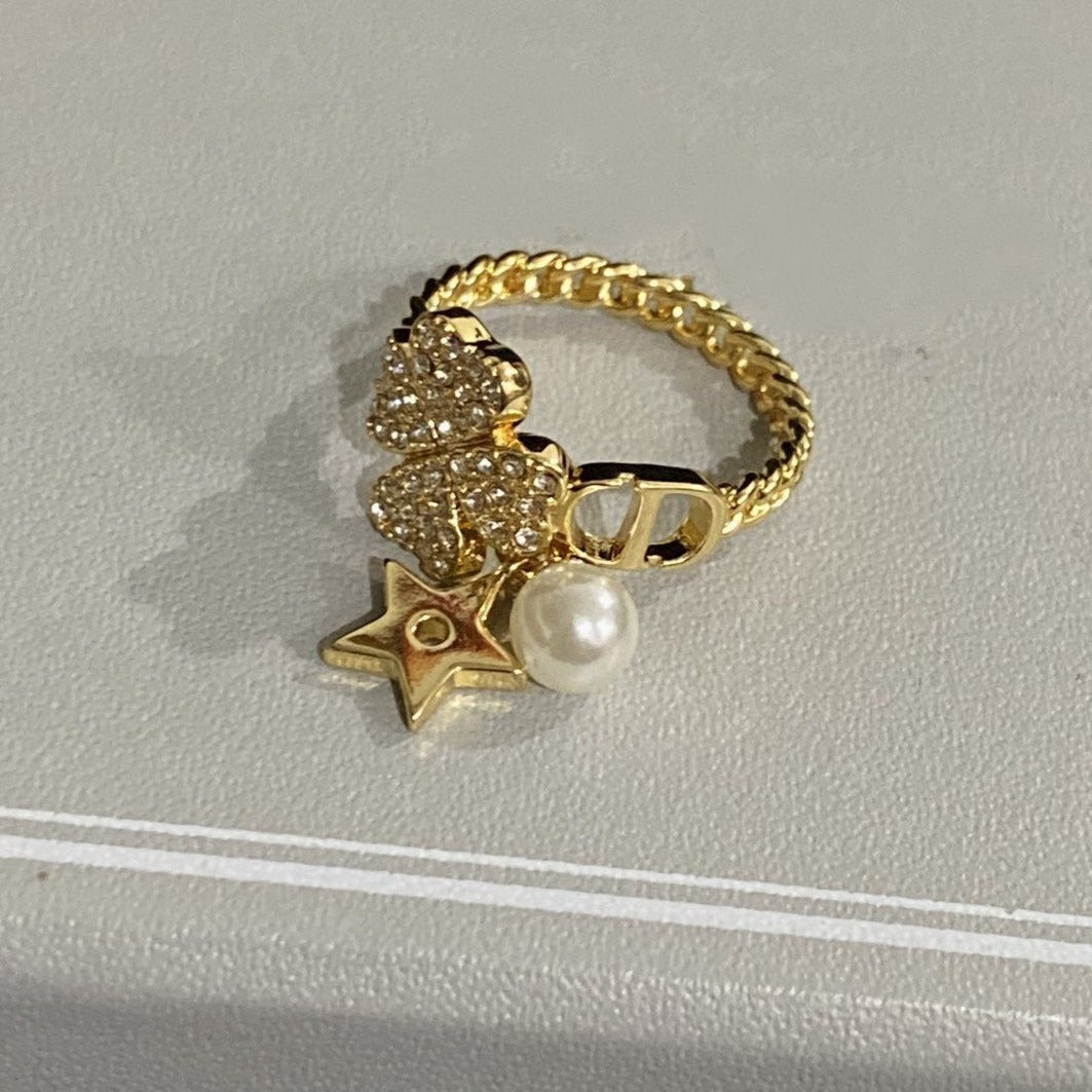 Luxury DiorSTAR PEARL CLOVER GOLD DIAMOND RING