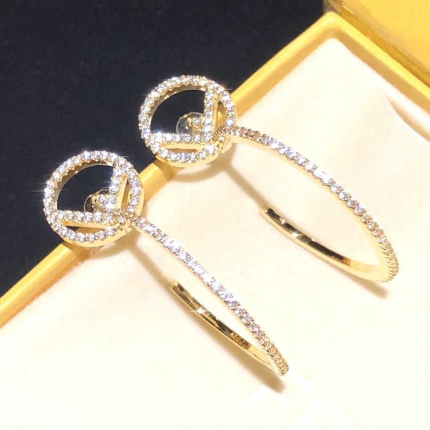 Luxury FendiF STUD EARRINGS GOLD FULL DIAMOND