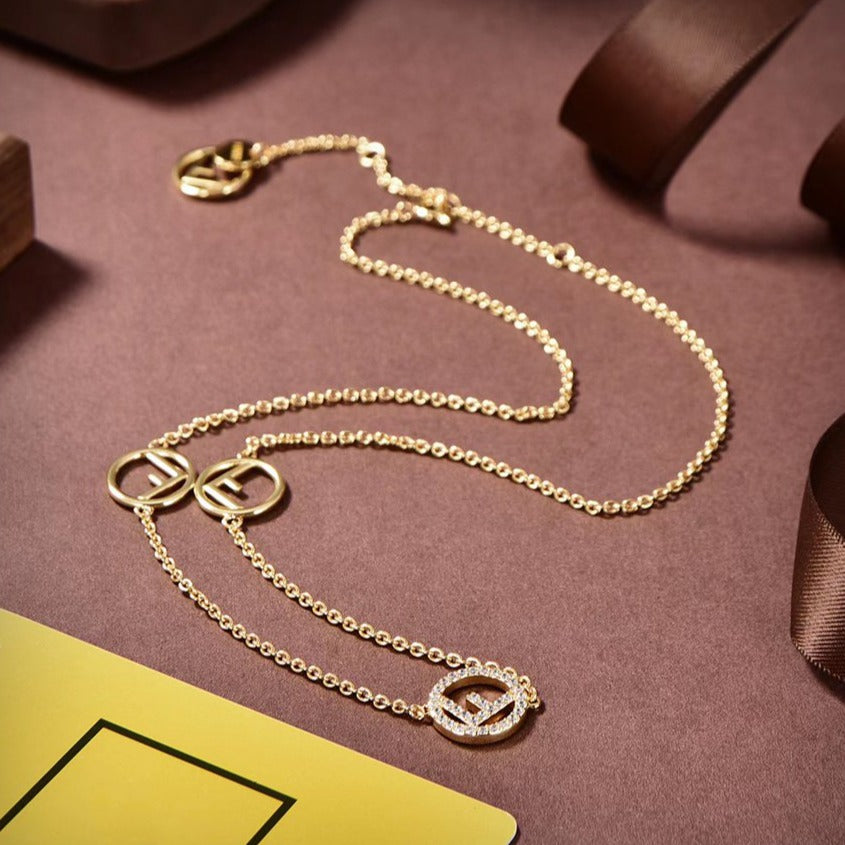 Luxury FendiF LOGO 3 MOTIF GOLD DIAMOND NECKLACE