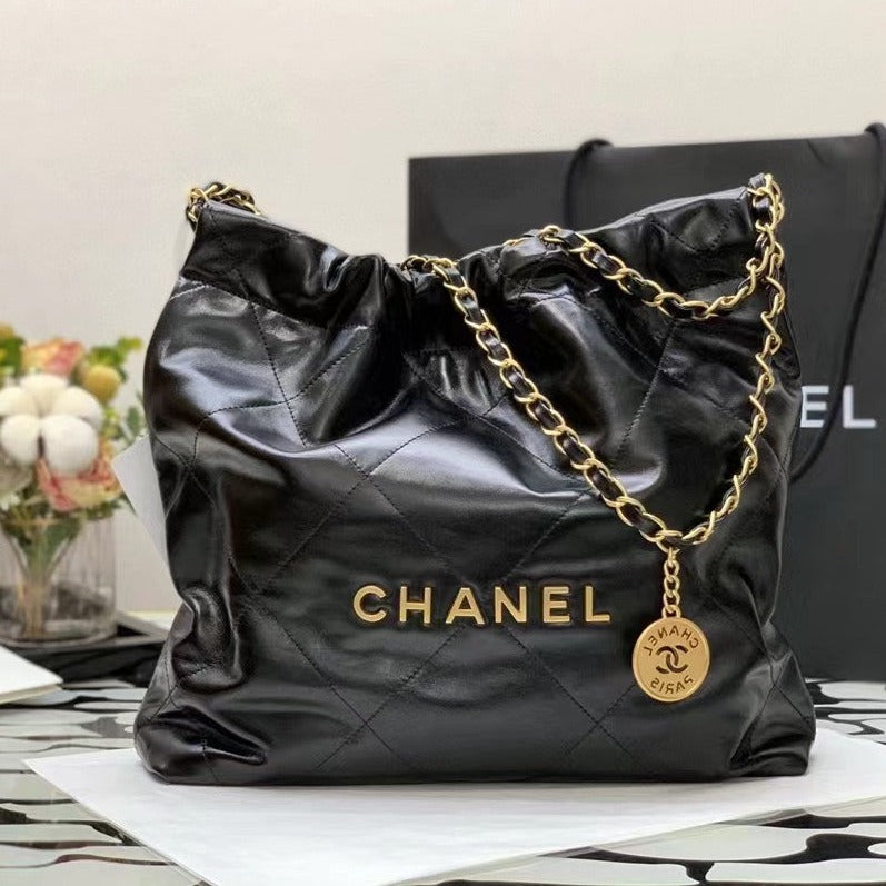 Luxury Chanel HOBO BAG 22 BLACK LAMBSKIN GOLD HARDWARE