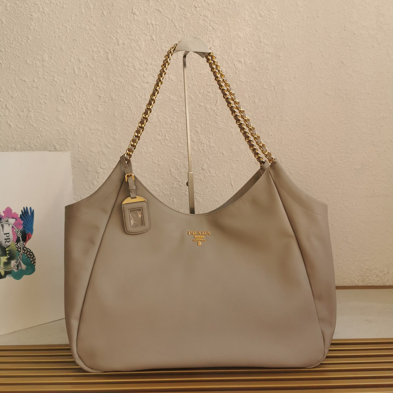 Luxury PradaCHAIN TOTE 39 SOFT GREY CALFSKIN