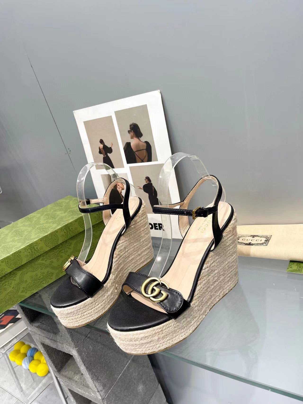 Luxury Gucci gg marmont sandal 140mm espadrilles black leather