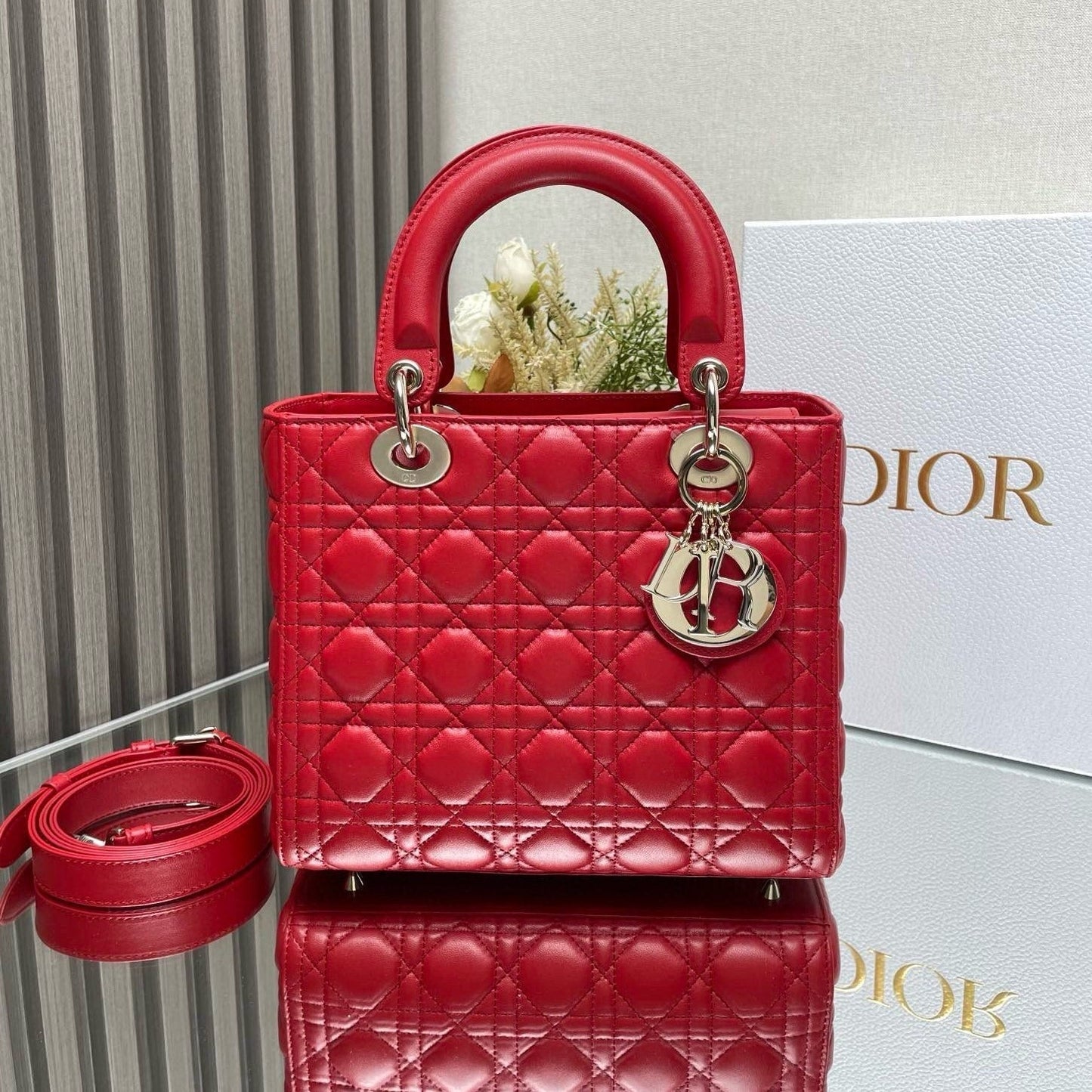 Luxury Diormedium lady 24 red calfskin gold hardware